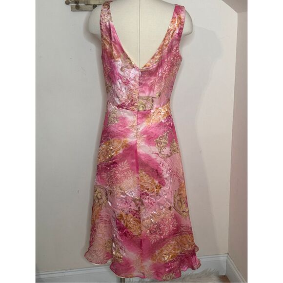 Victor Costa Y2K Pink and Yellow Paisley Silk Party Dress 12 - Picture 6 of 7